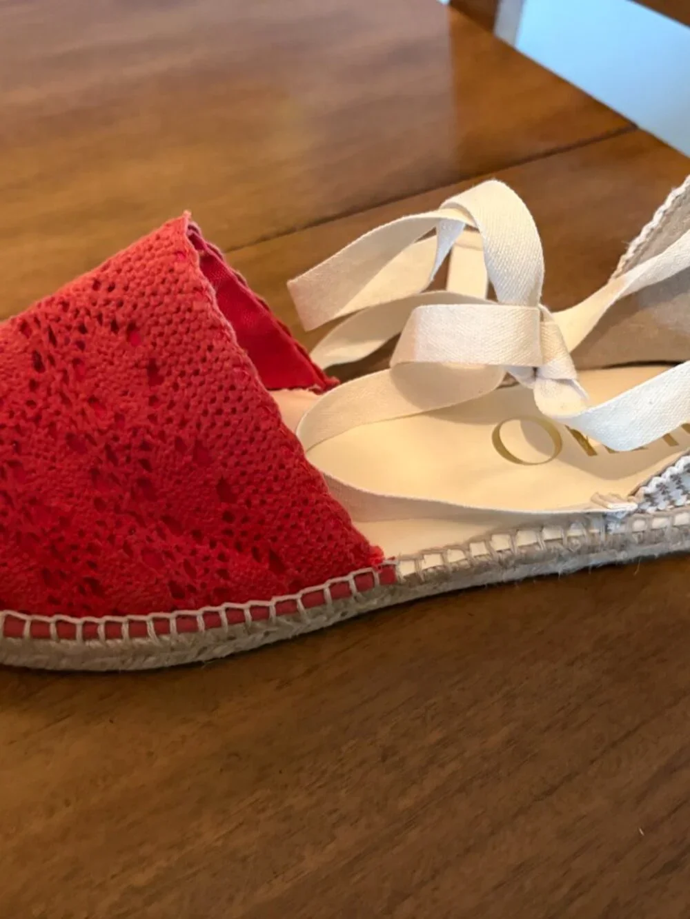 NWOT Gaimo-Made in Spain-Coral Red Crochet Ankle Tie Flat Espadrilles. 6.5/7